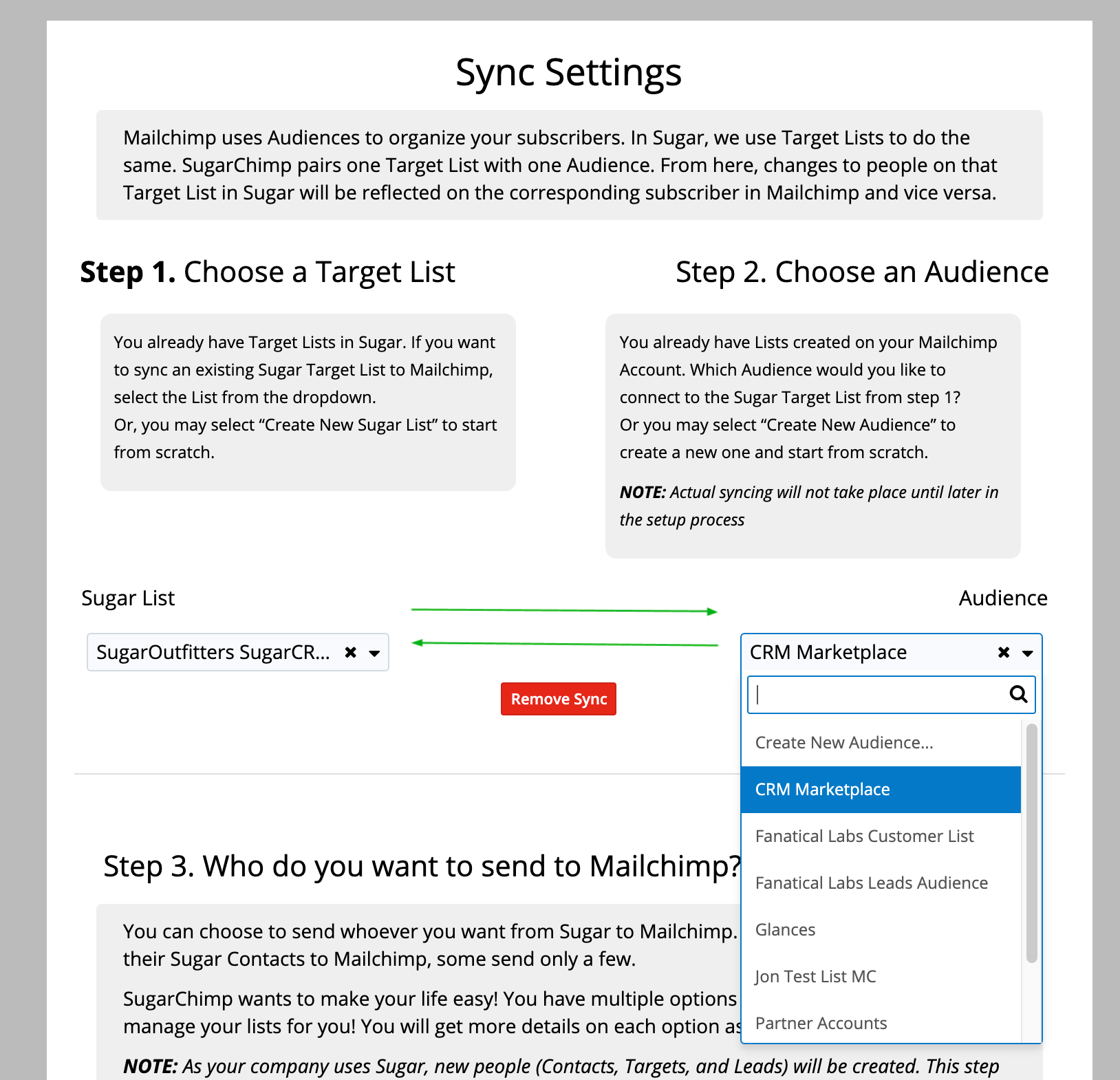 Select a Mailchimp Audience list to sync with