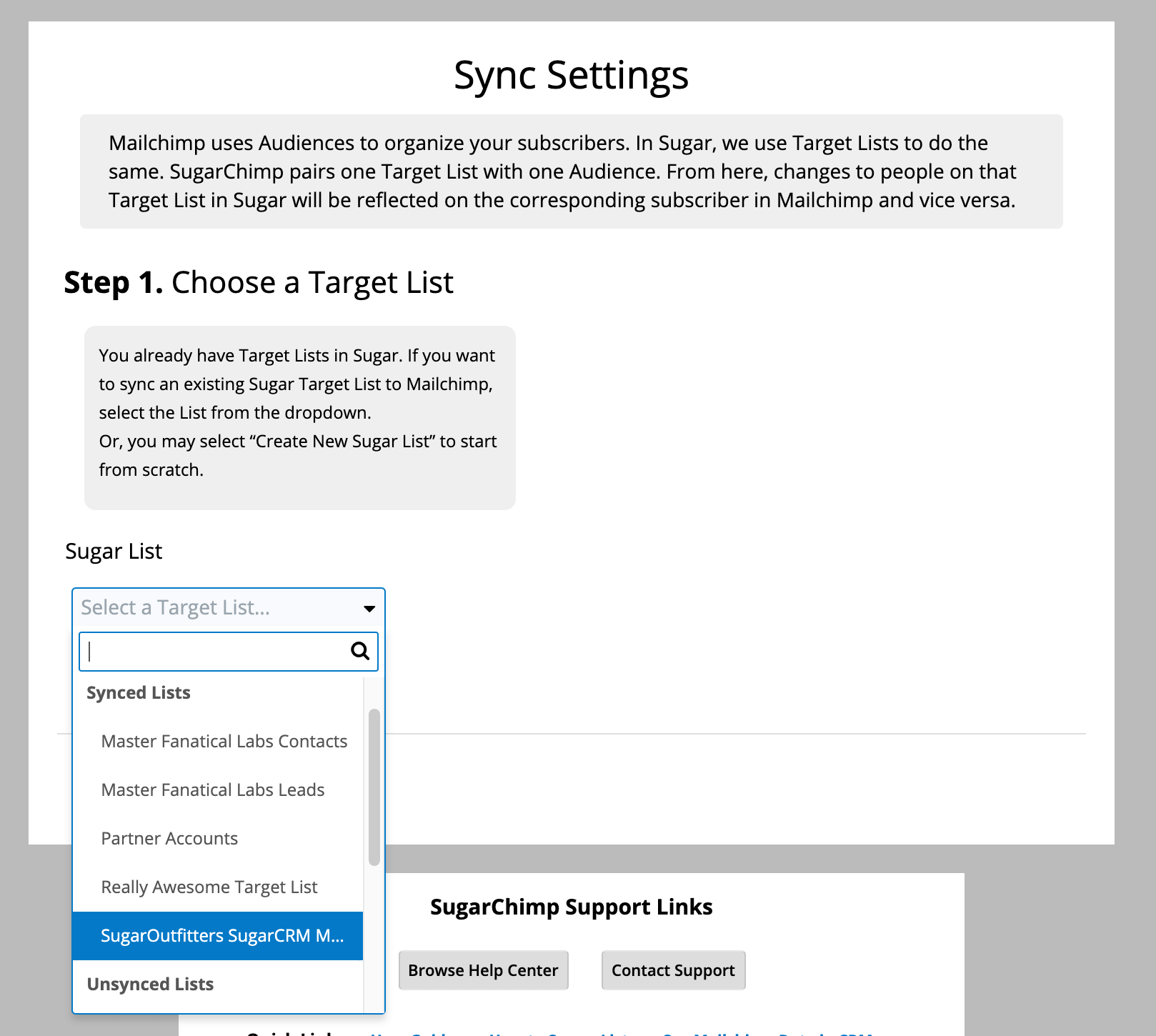 Select a SugarCRM Target List to sync