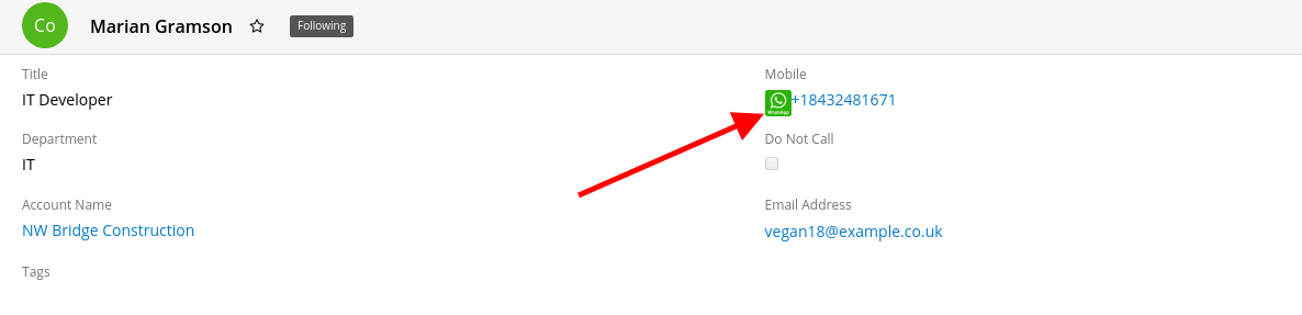 One click sending in the SugarCRM WhatsApp Integration